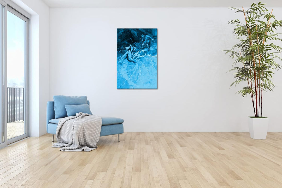 deyoli Zeichnung einer Meerjungfrau Begegnung Format: 80x60 Effekt: Monocrome Blau als Leinwand, Mot