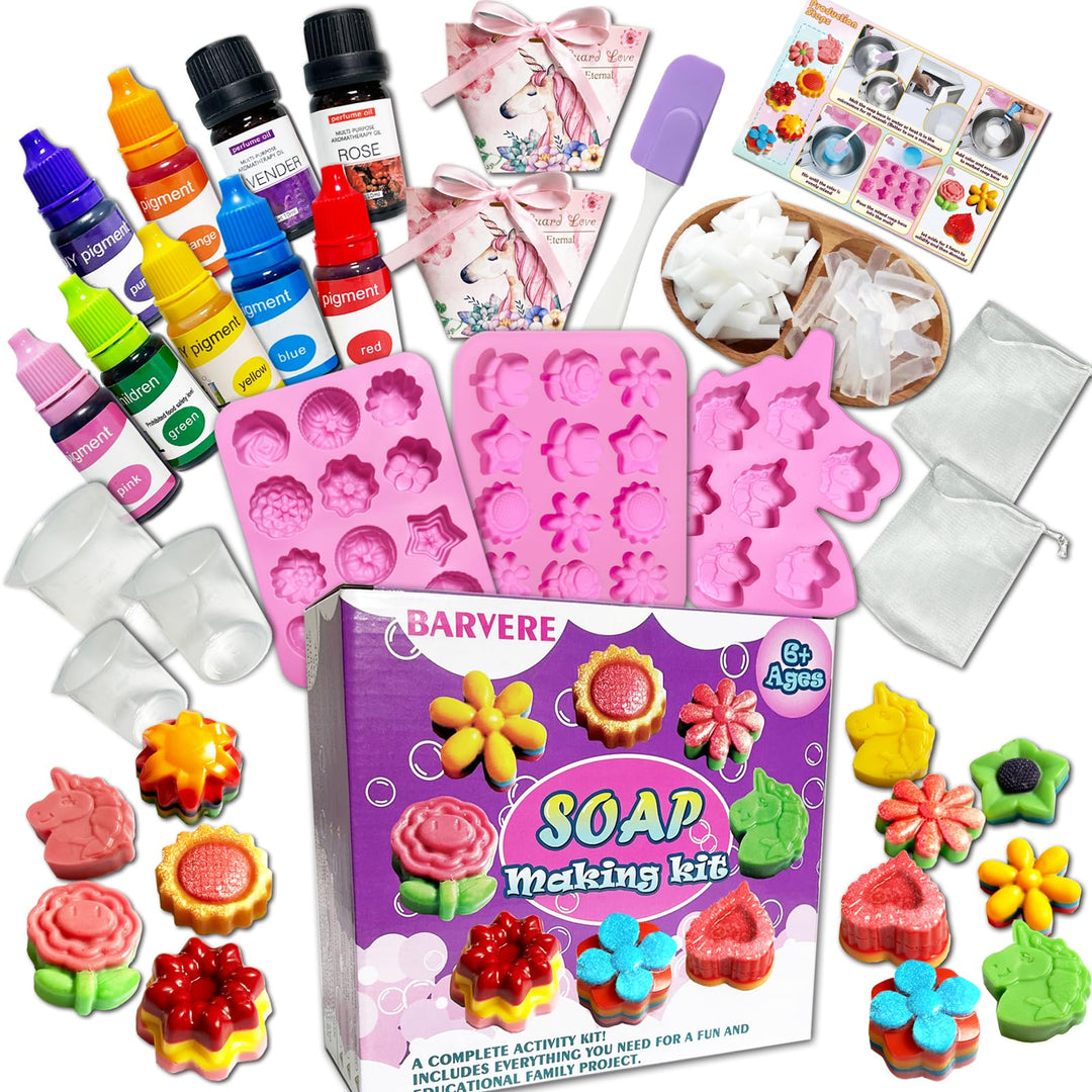 BARVERE Seife Selber Machen Kinder, 500g Seife, 19 Formen, 7 Pigment, 2 Essentielle Öle, 2 Geschenkt