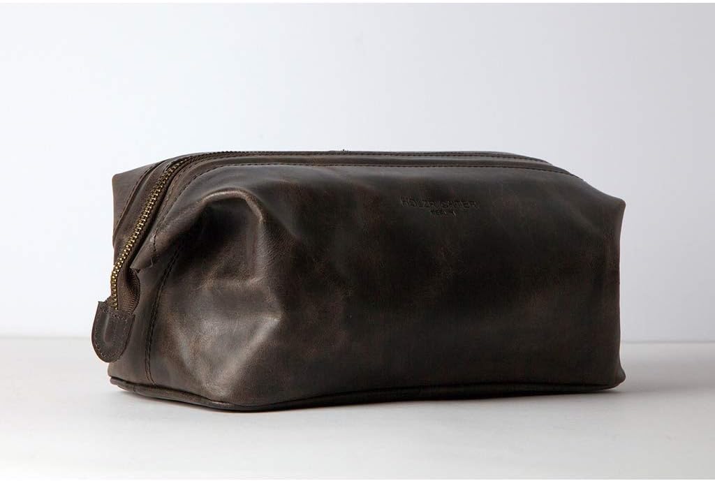 HOLZRICHTER Berlin Kulturbeutel No 5-1 (M) dunkel-braun - Grosse, hochwertige Kulturtasche handgefer