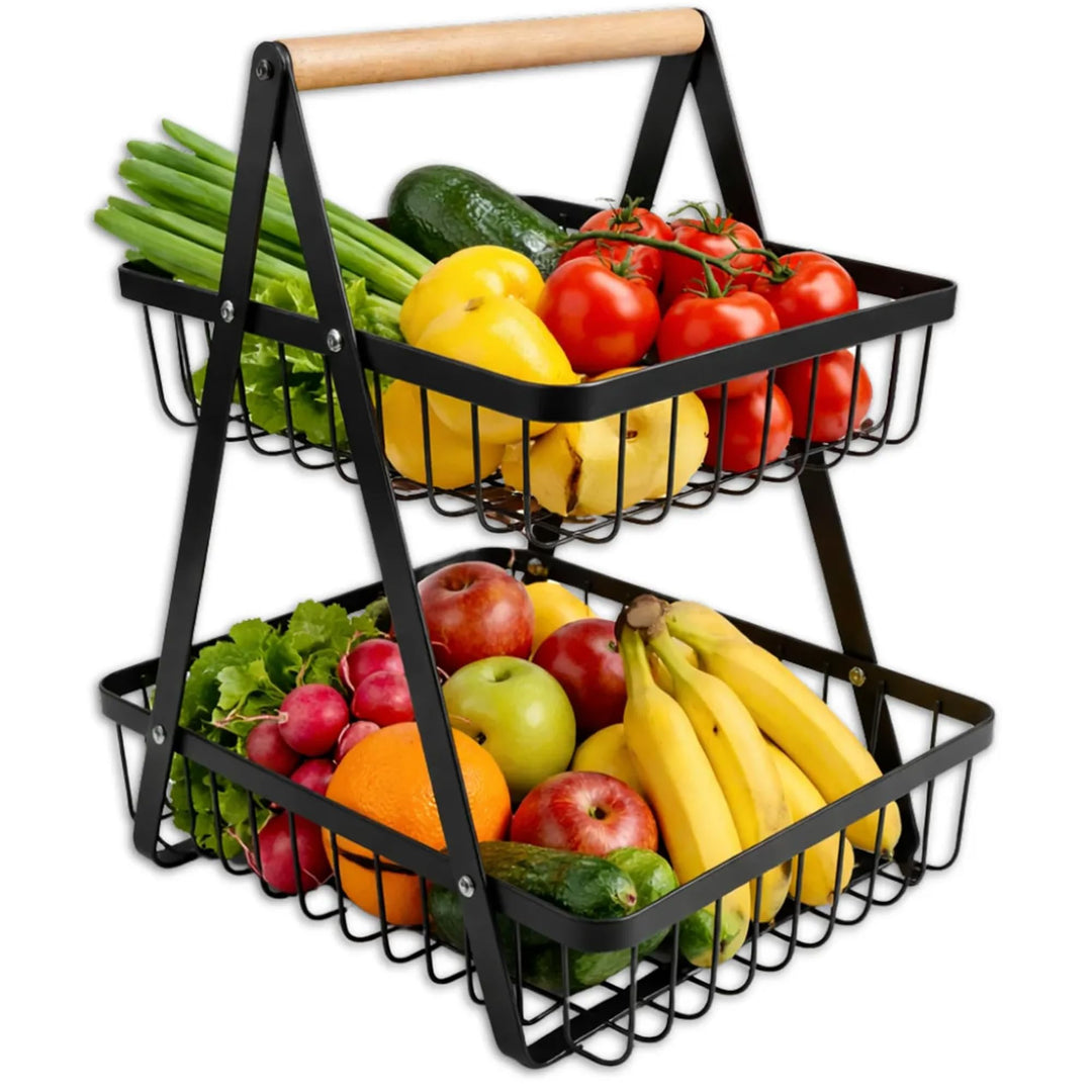 Zweistöckiger Obstkorb mit 2 Ebenen – Platzsparende Obstschale & Obsetagere aus Metall mit Holzgriff