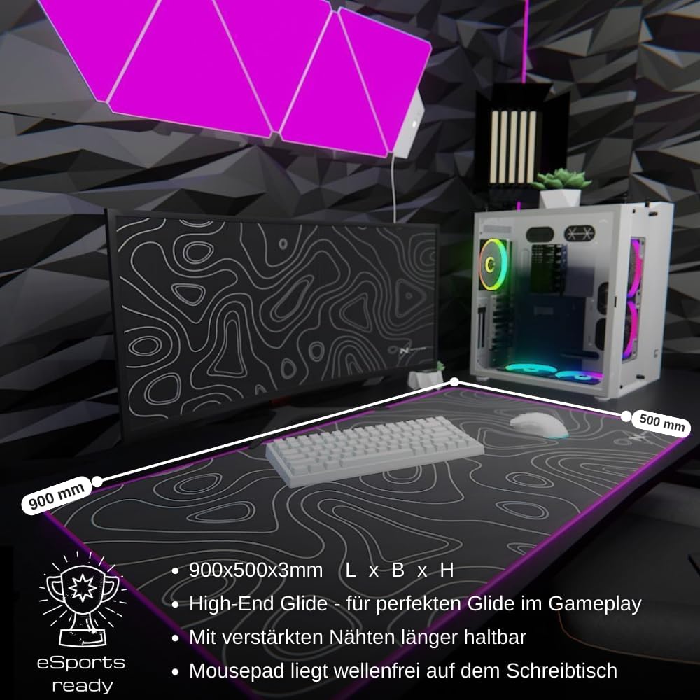 Nyfter - XXL Gaming Mauspad RGB Black im Topography Design 900 x 500mm Premium Mousepad Size Gross v