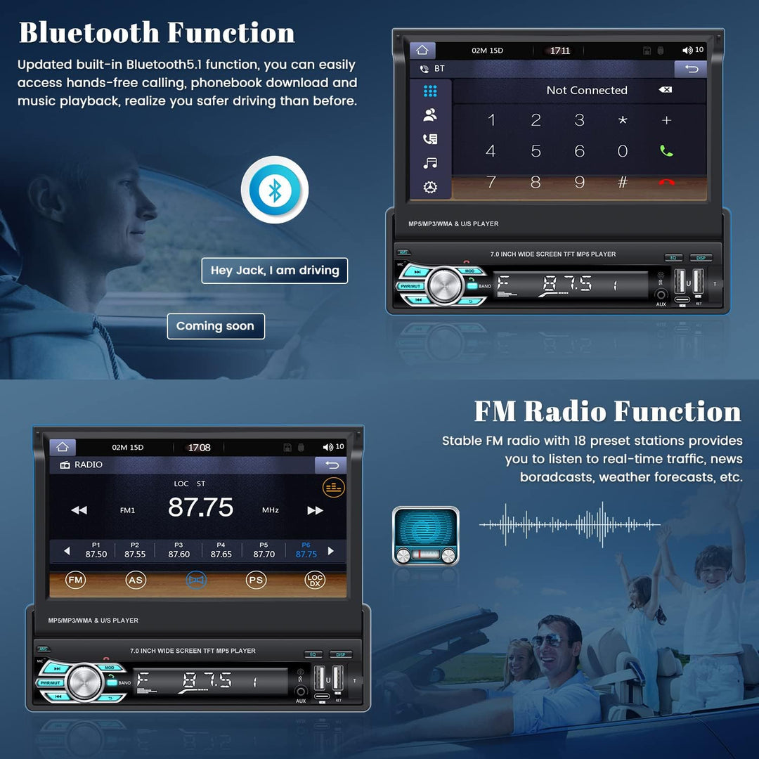 Hikity Autoradio 1 Din mit Wireless Carplay und Android Auto, 7 Zoll Ausfahrbarem Bildschirm Auto Ra