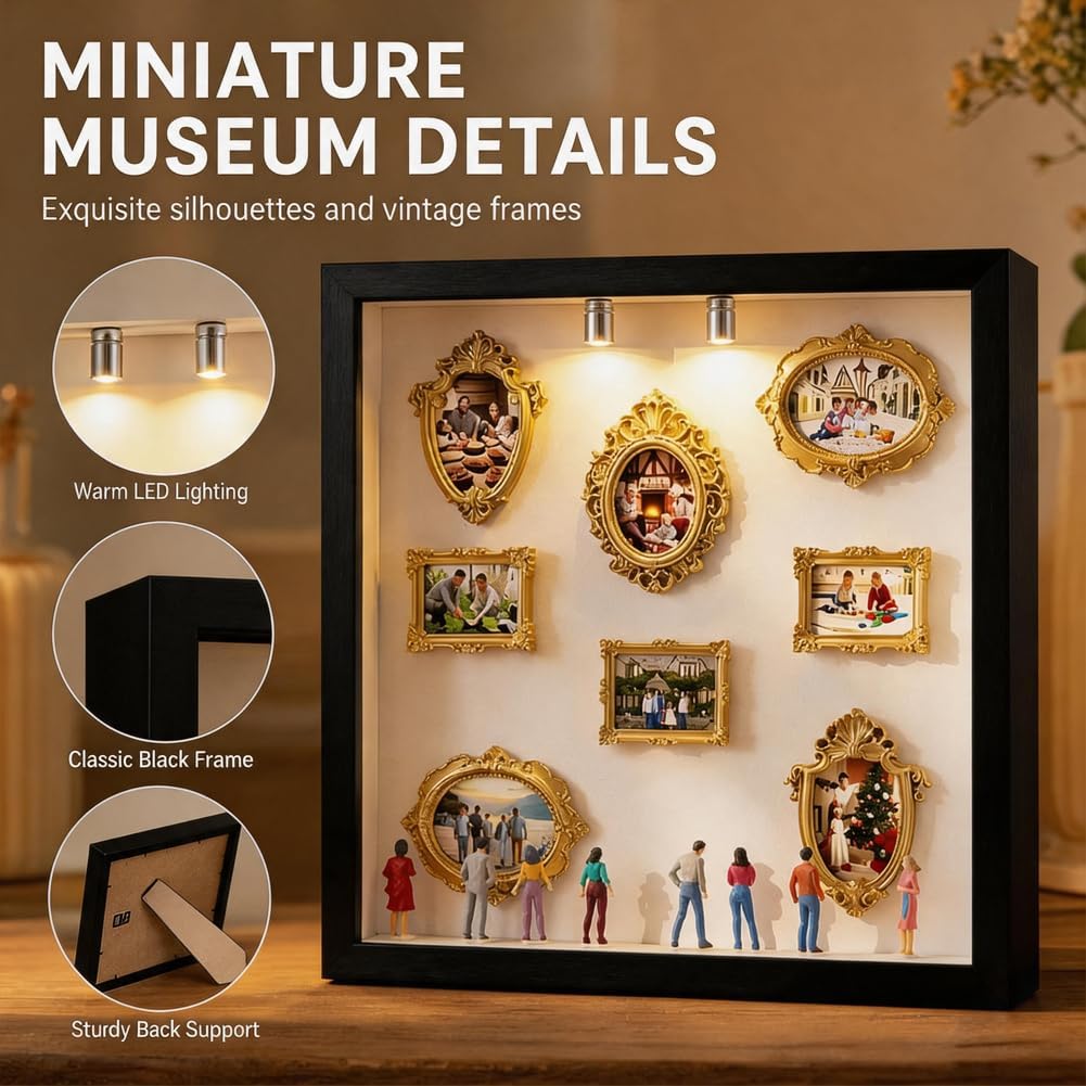DIY Mini Museum Silhouette Box, Mini Figuren Menschen Museum Silhouette Box mit Golden Rahmen & LED