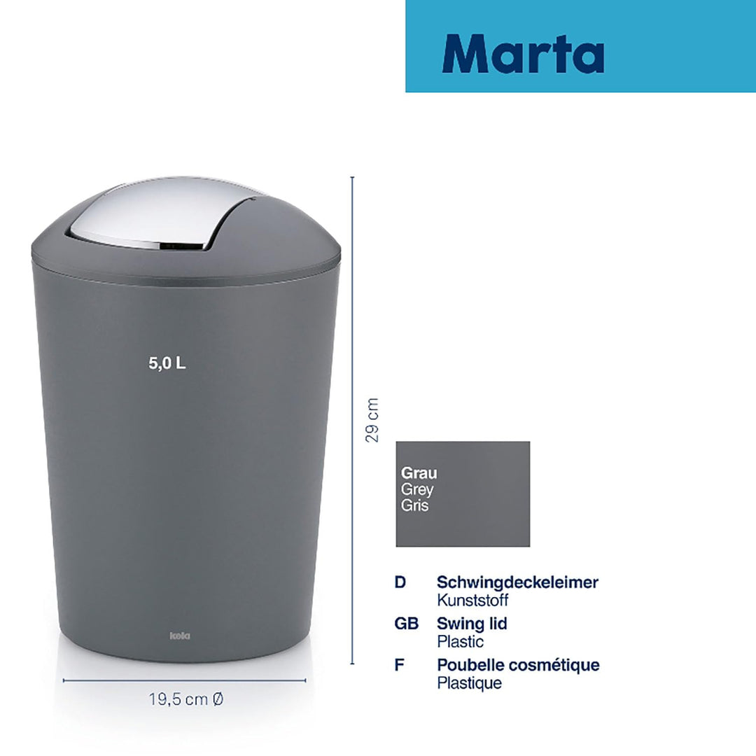 kela Schwingdeckeleimer grau, Kosmetikeimer 5l mit Schwingdeckel, Kunststoff, MARTA, Mülleimer Badez
