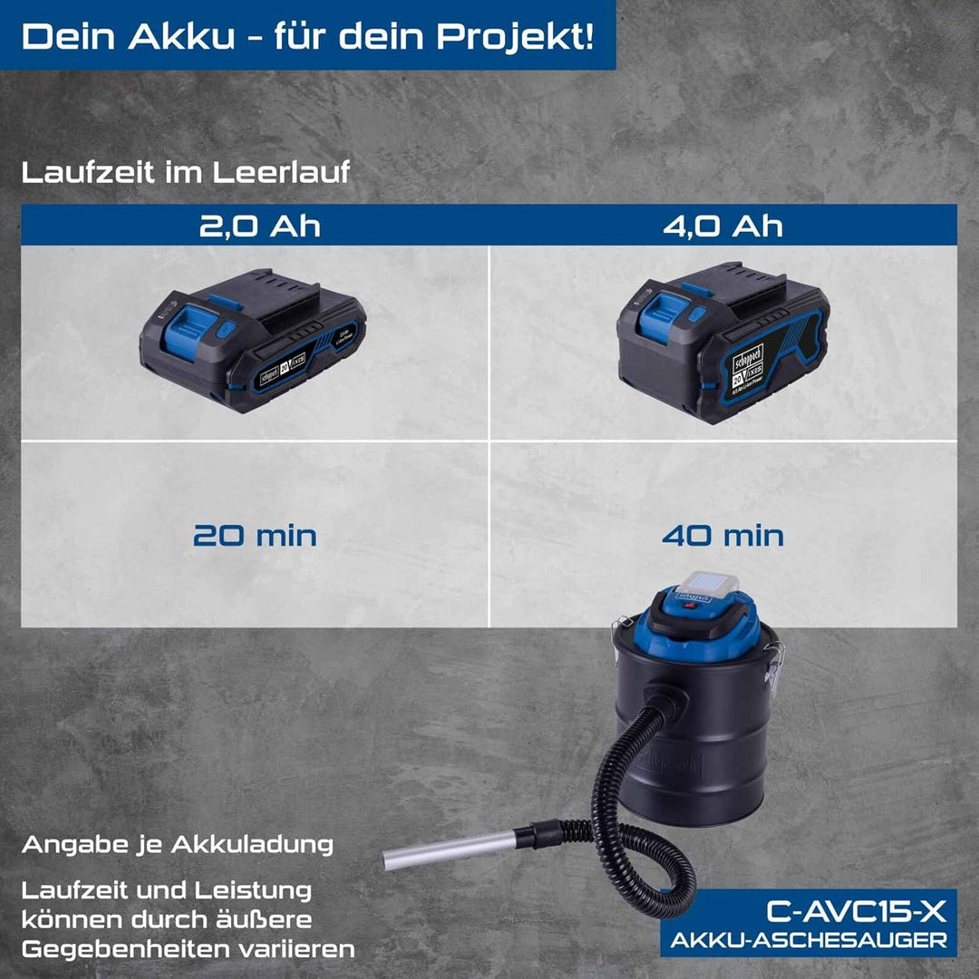 Scheppach Akku Aschesauger C-AVC15-X | 10kPa Saugleistung | 15L Behältervolumen | 1m Schlauchlänge |