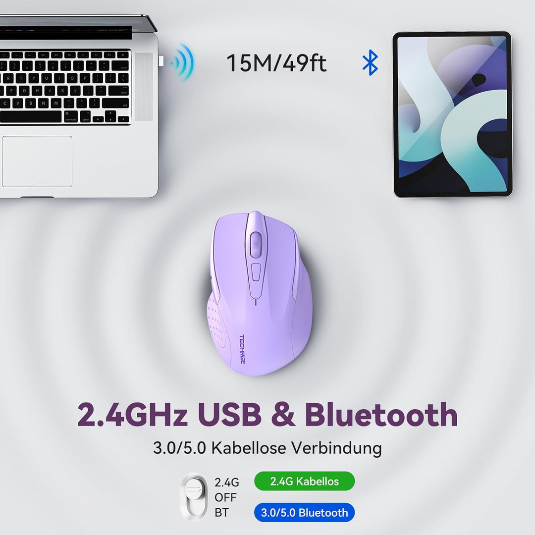TechRise Bluetooth Maus, 2.4G Maus Kabellos (BT 5.0/3.0 + 2.4G) 4800 DPI Wiederaufladbare Ergonomisc