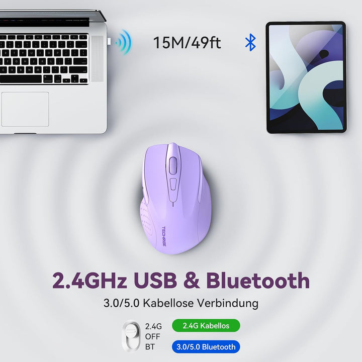 TechRise Bluetooth Maus, 2.4G Maus Kabellos (BT 5.0/3.0 + 2.4G) 4800 DPI Wiederaufladbare Ergonomisc