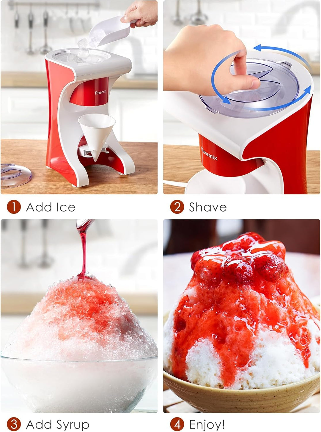 Reemix Elektrische Shaved Ice Maschine – Profi-Edelstahlklingen für Snow Cones & Slushies – Rutschfe