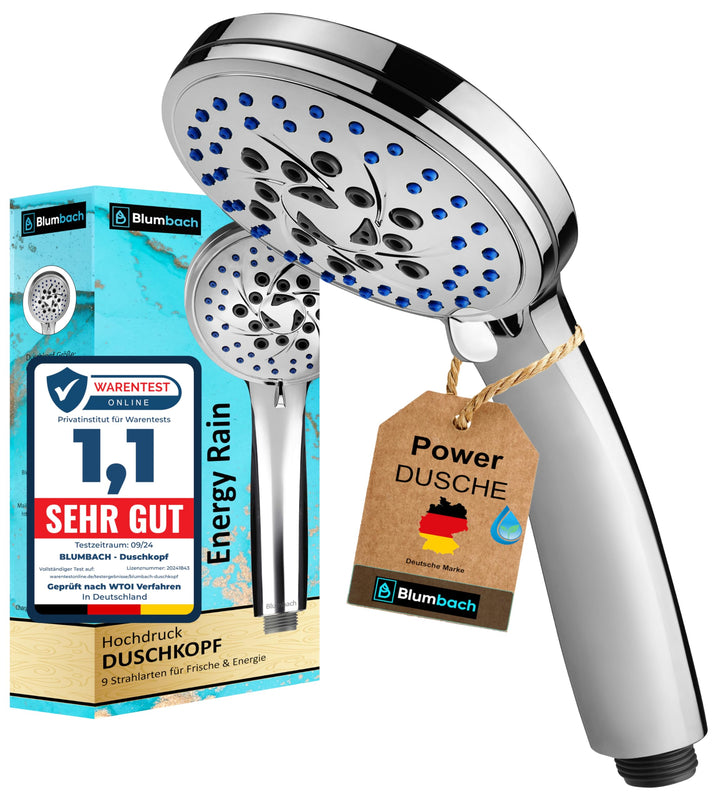 Duschkopf Energy Rain mit 9 Strahlarten, Hochdruck Duschkopf wassersparend, Duschbrause, Handbrause