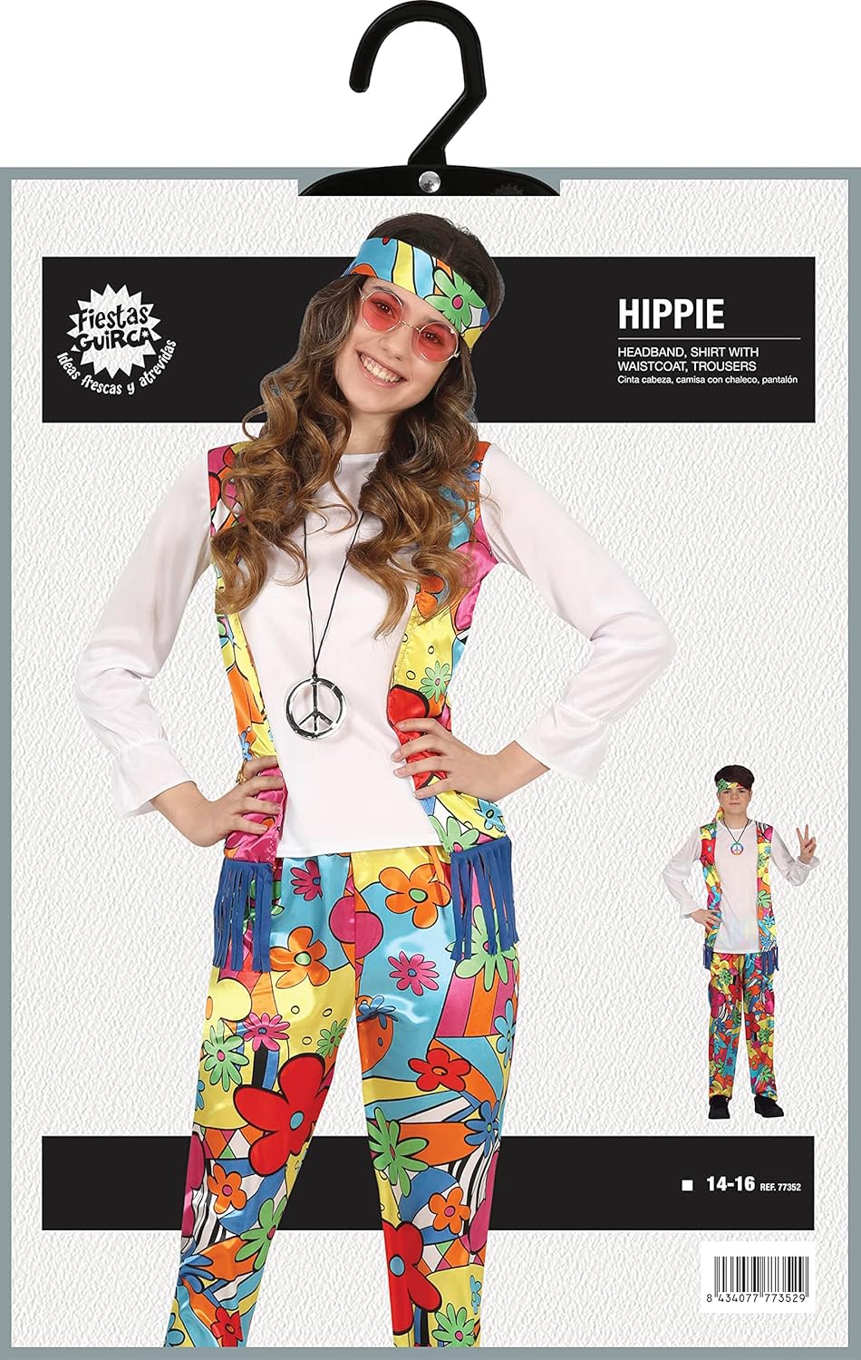Fiestas Guirca Flower Power Hippie Kostüm Herren Karneval, 70er Jahre Kostüm Herren, Grösse M – 60er