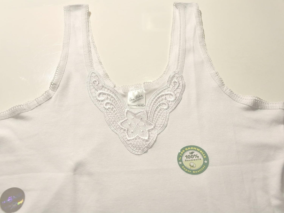 BestSale247 4 | 8 Stück Damen Unterhemden - Tank Top in Weiss extra-lang mit schöner Spitze aus 100%