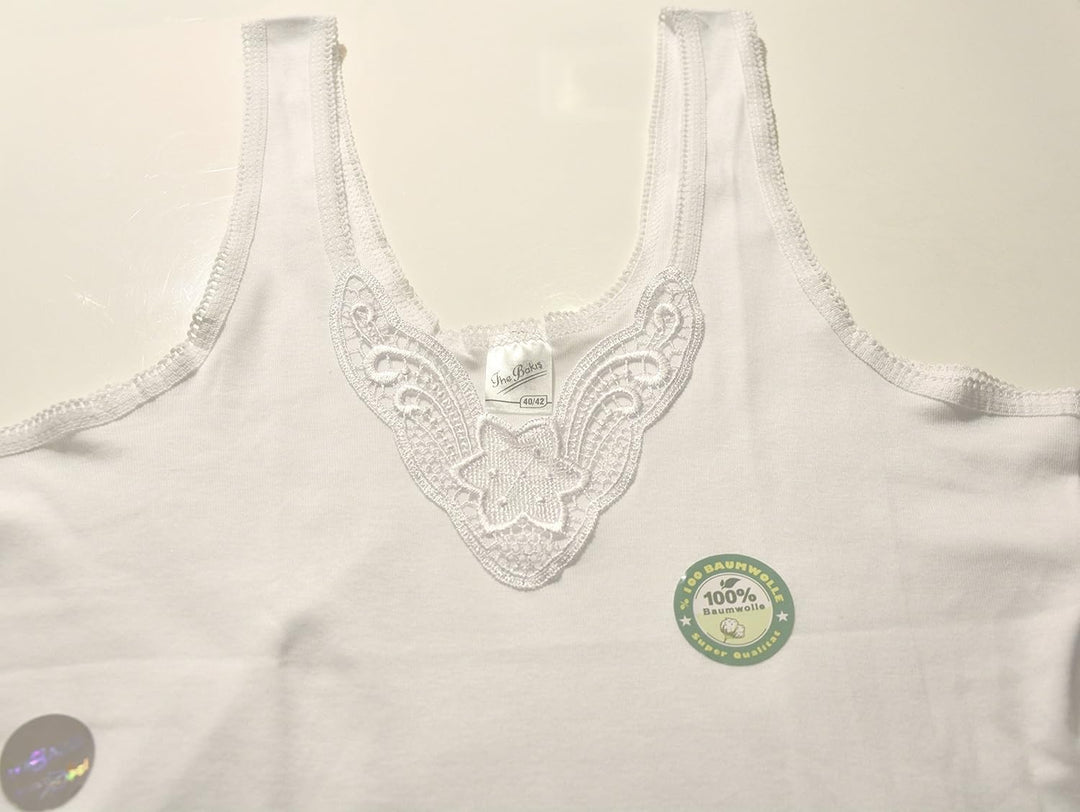 4 | 8 Stück Damen Unterhemden - Tank Top in Weiss extra-lang mit schöner Spitze aus 100% gekämmte Ba