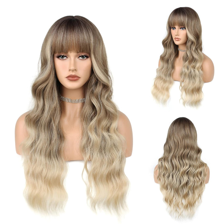 FAELBATY Perücke mit langen Locken blonde Perücke mit Pony Ombre dunkelbraun bis blonde Perücke für