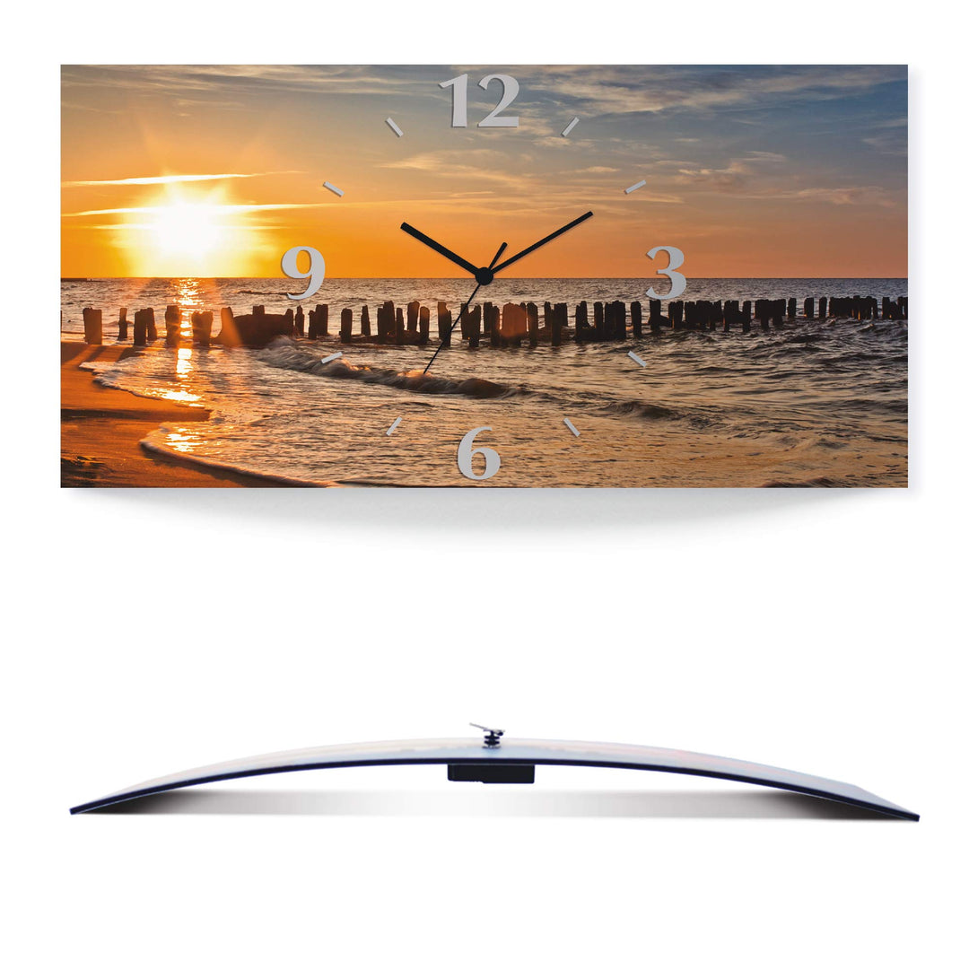 ARTLAND Wanduhr ohne Tickgeräusche Alu Quarzuhr 60x30 cm Rechteckig Lautlos Strand Meer Sonnenunterg