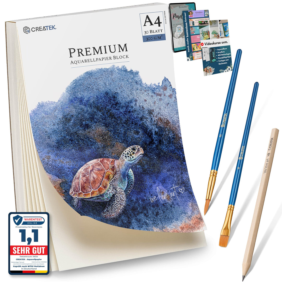 CreaTek Aquarellpapier A4 300 g Einschliesslich 2-Stunden-Videokurs 30 Blatt Aquarellblöcke + 2 Pins
