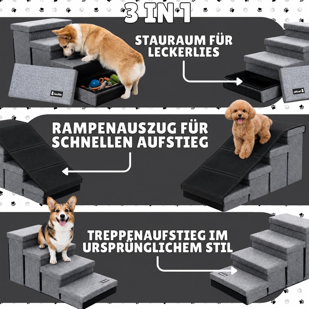 Hundetreppe mit 4 Aufbewahrungsboxen | mit Rampenfunktion | Faltbare Haustier rutschfeste Sicherheit