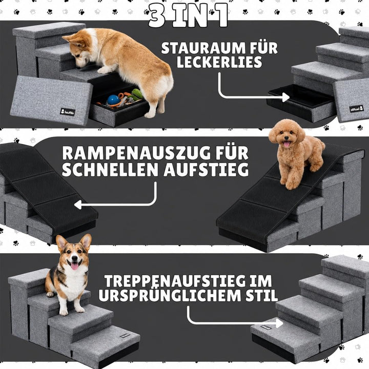 Hundetreppe mit 4 Aufbewahrungsboxen | mit Rampenfunktion | Faltbare Haustier rutschfeste Sicherheit