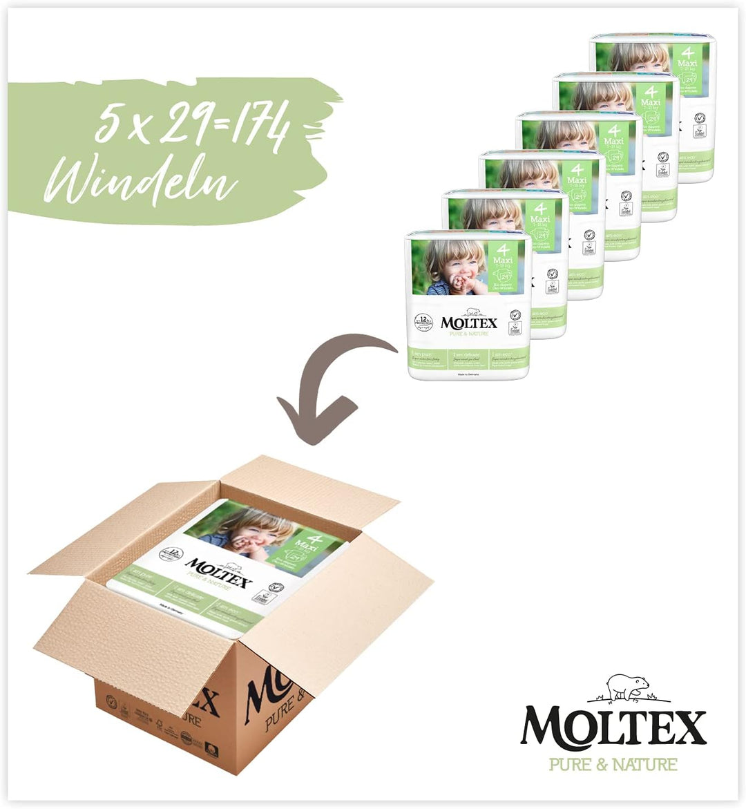 Moltex Pure & Nature Öko Windeln Grösse 4 Maxi (9-15 kg) Monatsbox - 174 Bio