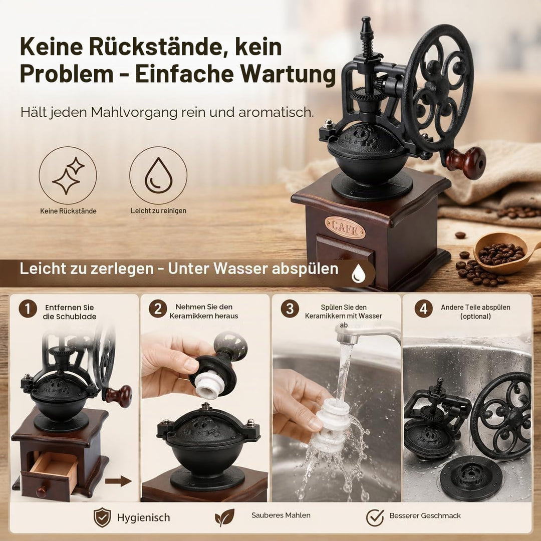 Zerodis Manuelle Kaffeemühle, Retro-Stil, Handkurbel, Holz, Keramik, Gusseisen, Mühle für Kaffeebohn
