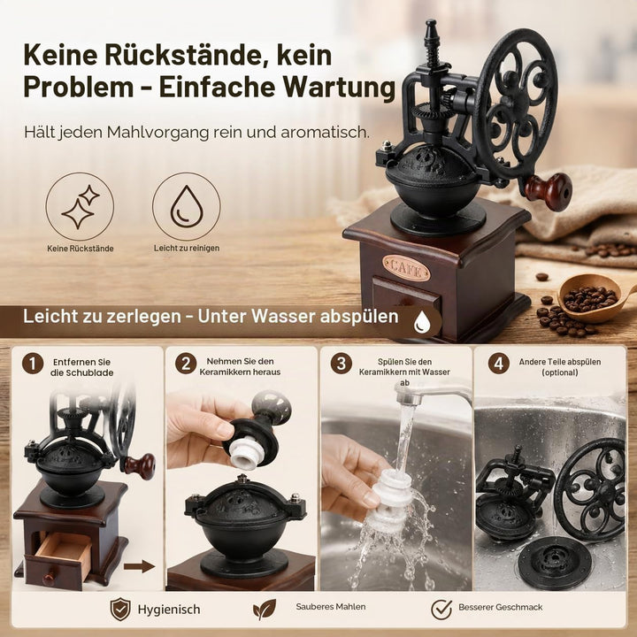 Zerodis Manuelle Kaffeemühle, Retro-Stil, Handkurbel, Holz, Keramik, Gusseisen, Mühle für Kaffeebohn