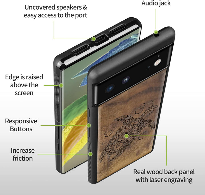 Carveit Hülle für Pixel 6 Pro Case [Holz und TPU Silikon Hybrid Handyhülle] Stossfeste Stossstange h