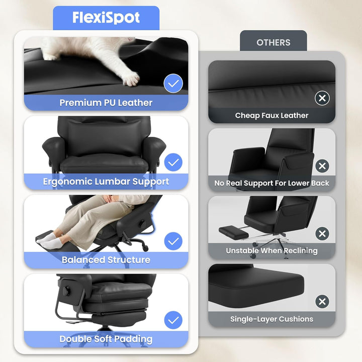 FLEXISPOT Luno Chefsessel Ergonomischer Bürostuhl mit Fussstütze | 160° Liegefunktion, Katzenkratzfe