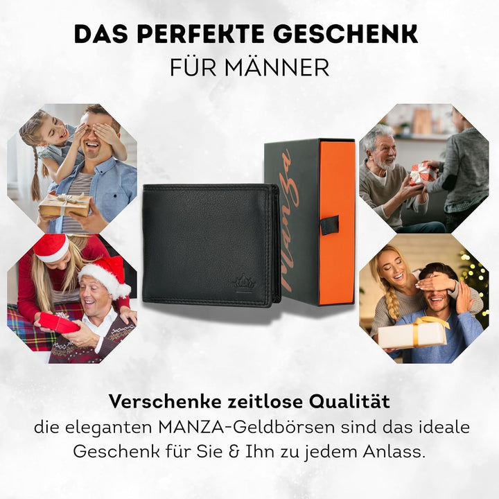 Manza Leder Geldbörse Herren mit RFID Schutz und Geheimfach I Echtleder Geldbeutel für Männer mit Ge