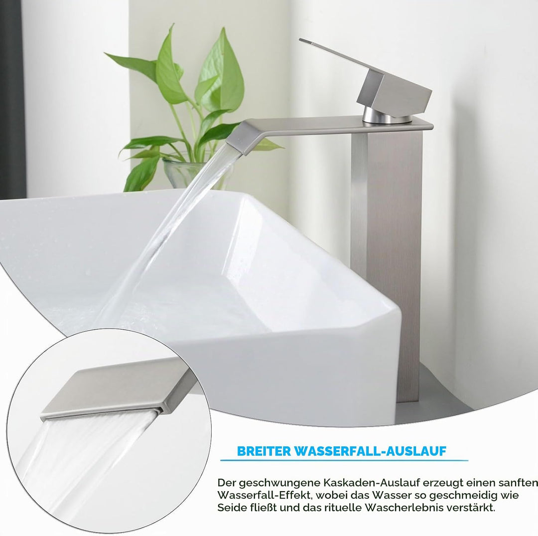 PHASAT Wasserfall Wasserhahn Bad, Hoch Wasserfall Waschtischarmatur, Moderner Mischbatterie Waschbec