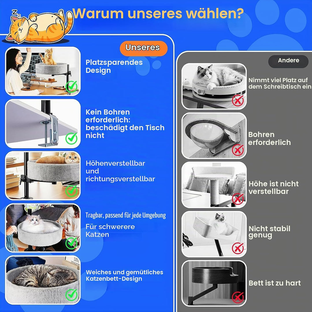 BSWAY Katzenbett für Schreibtisch - Upgraded 360°Drehung, verstellbare Höhe, Kein Bohren Erhöhtes Ka