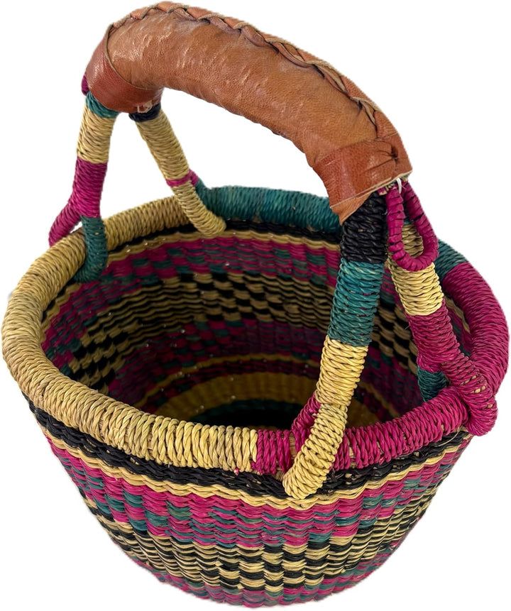 Kleiner Bolga Rundkorb Korb Original Afrika Ghana Einkaufskorb Ledergriff Fair Trade Ca : 20cm