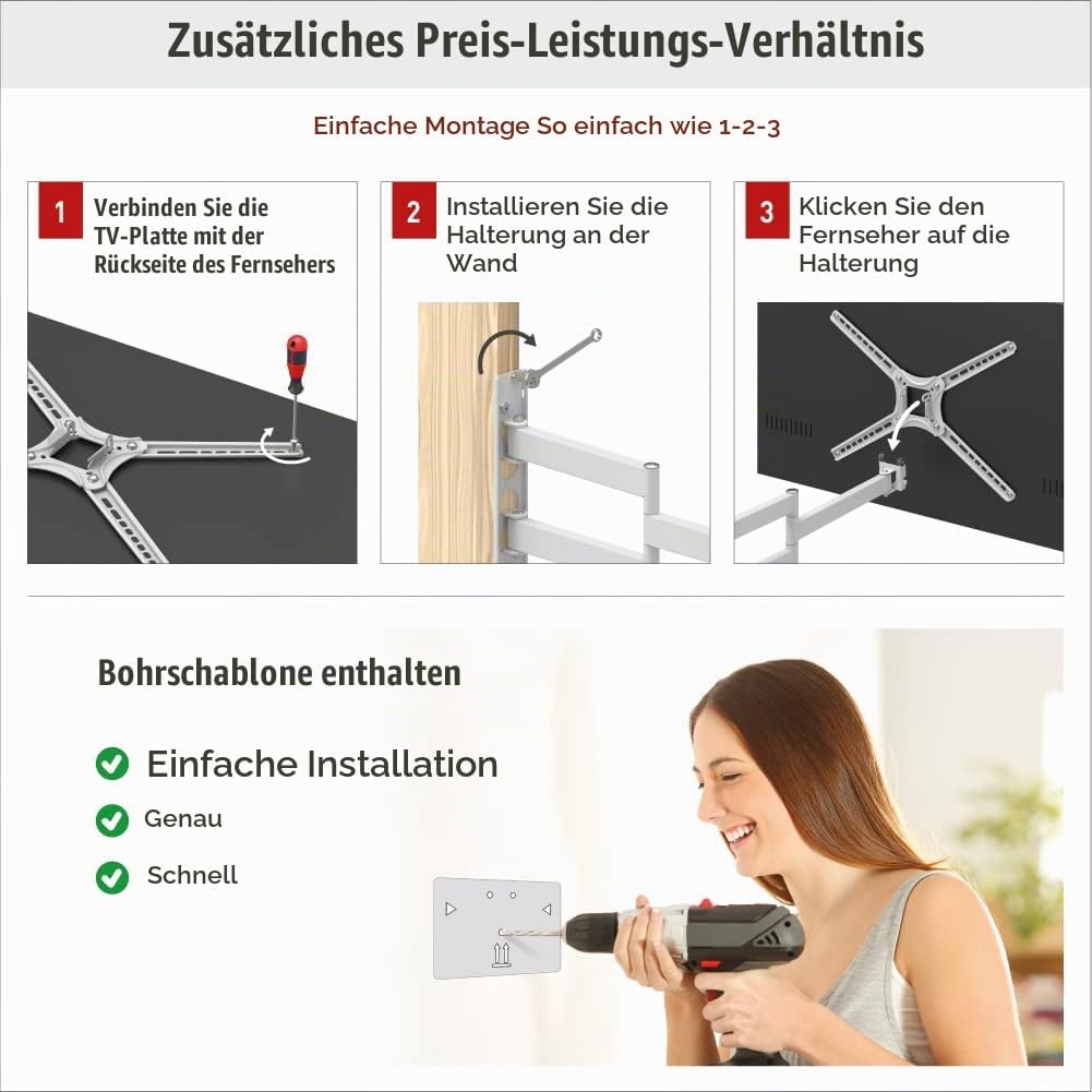 Barkan Weiss TV Wandhalterung, 13 - 65 Zoll Schwenkbar / Neigbar / Vollbewegung flach &amp; curved Ferns