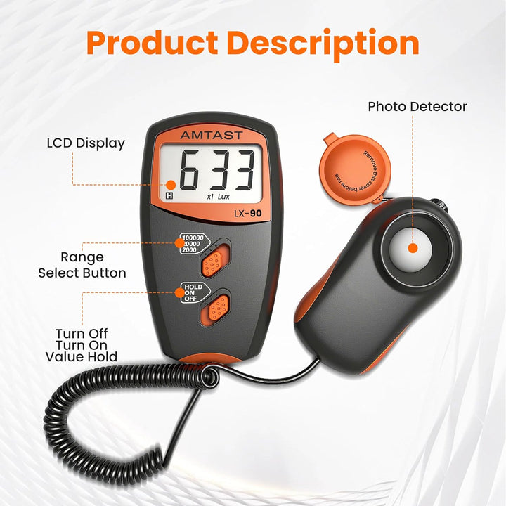 Digitale Luxmeter Lichtmessung Beleuchtungsmessgerät LX-90 Lichtmesser mit LCD-Display, Bereich 0-10