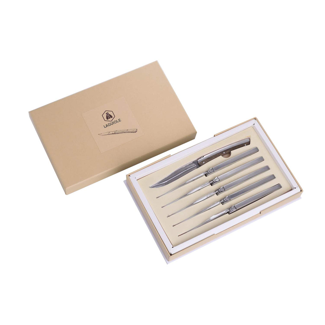 LAGUIOLE - Set mit 6 Design-Tischmessern - Edelstahl, Zebra-Holzgriff - Schlankes Design für einen t
