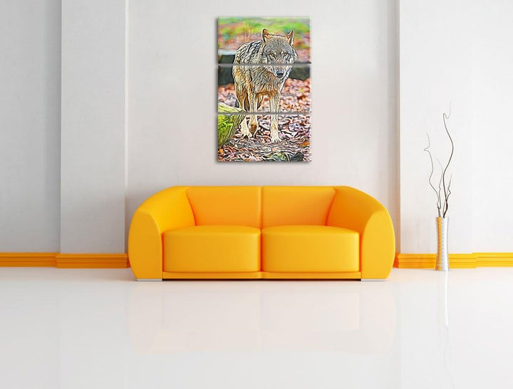 Wolf im Laubwald Spezial 3-Teiler Leinwandbild 120x80 Bild auf Leinwand, XXL riesige Bilder fertig g