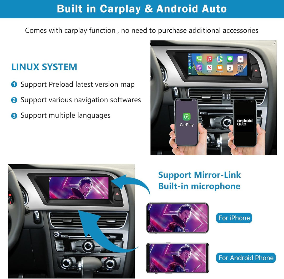 Autoradio 8,9 Zoll Touchscreen mit kabellosem Carplay und Android Auto für 2009–2016 Audi A4 S4 mit