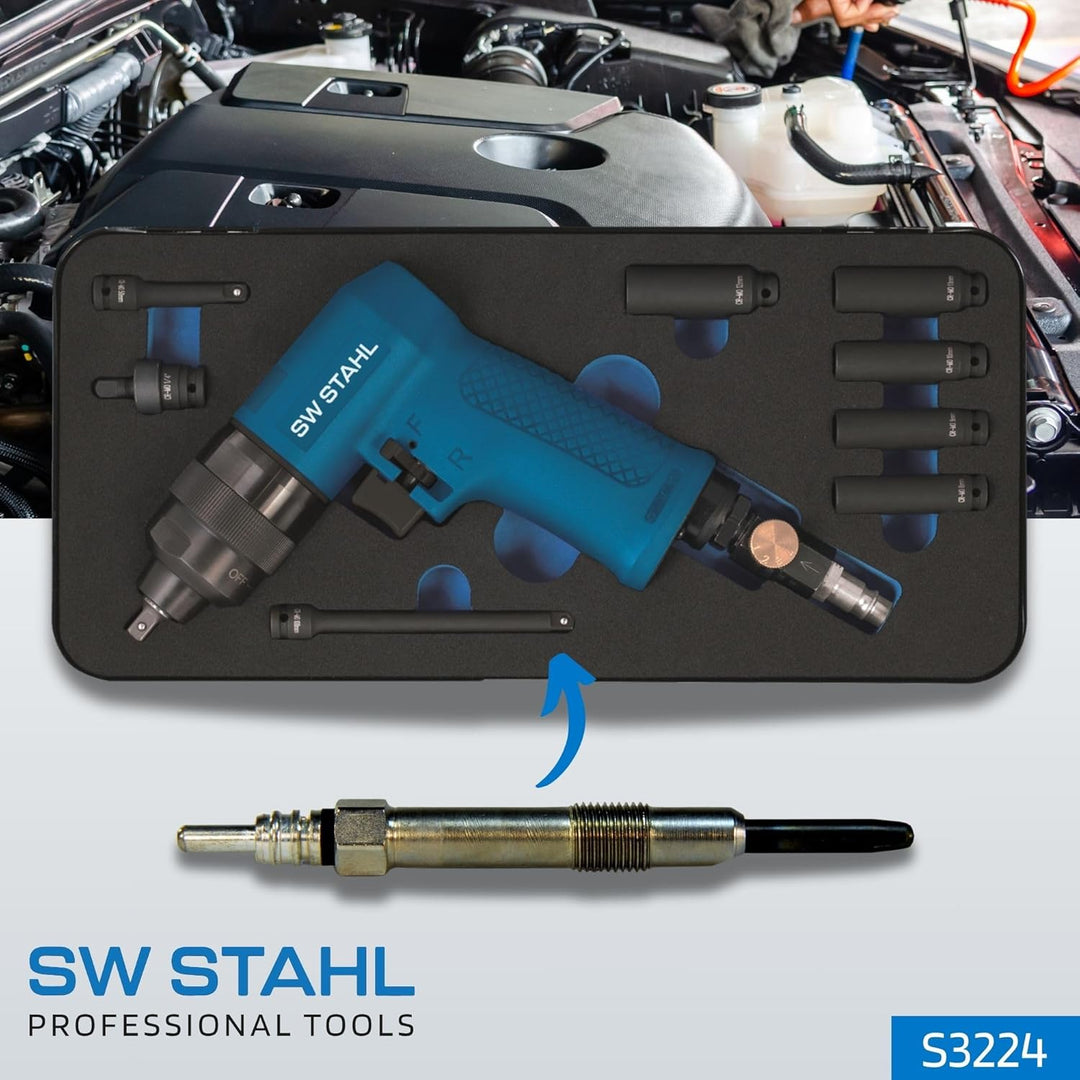 SW-Stahl S3224 Druckluft-Schlagschrauber Set I 1/4 Zoll I 9-teilig I Speziell für Glühkerzen I Druck
