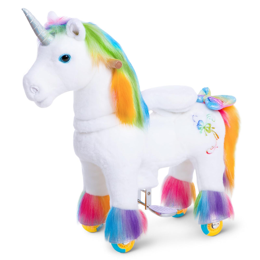 PonyCycle Einhorn Reitpferd, für Kinder 3–4 Jahre, 76cm Hoch, Pferd mit Rollen mit Handbremse, Einho