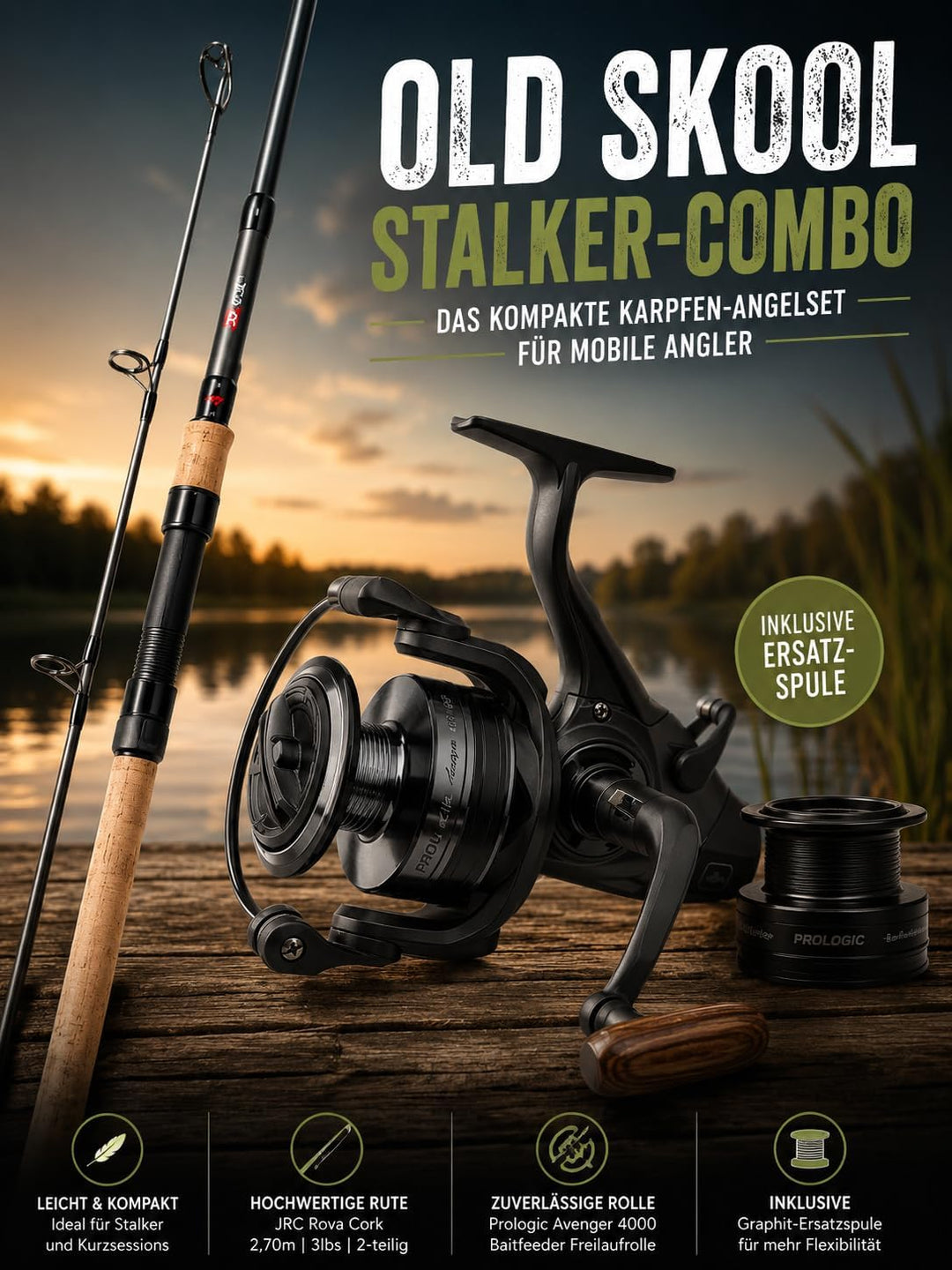 Stalker-Combo Karpfen-Angelset Old Skool Rova Cork Karpfenrute 2,70m 3lbs 2-teilig + Avenger 4000 Ba