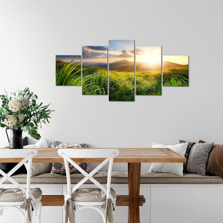 Runa Art Wandbilder Sonnenaufgang Landschaft 5 Teilig Bild auf Vlies Leinwand Deko Schlafzimmer Wohn