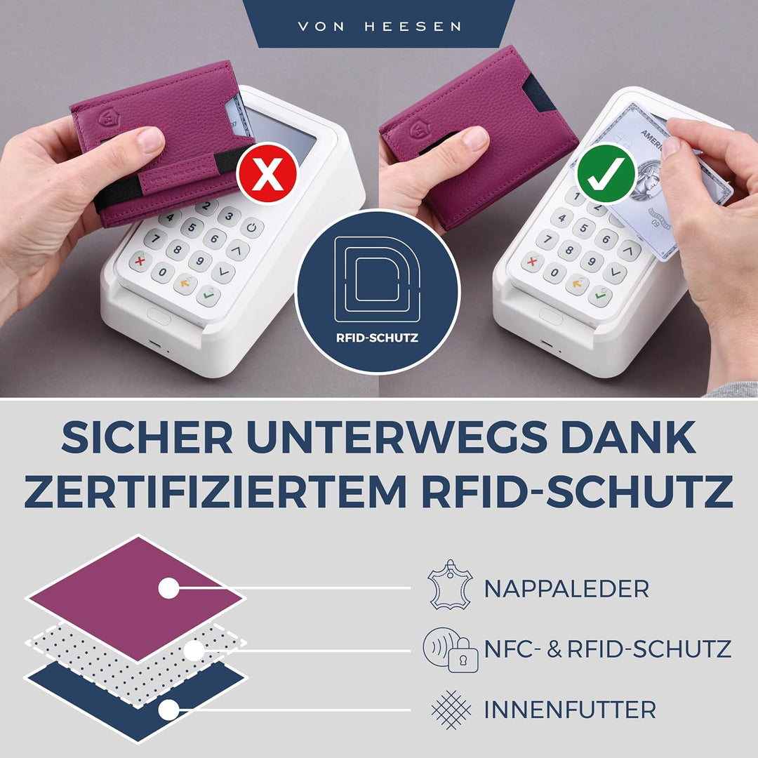 VON HEESEN Slim Wallet mit Münzfach &amp; RFID-Schutz - Leder Geldbeutel - Mini Geldbörse für Herren und