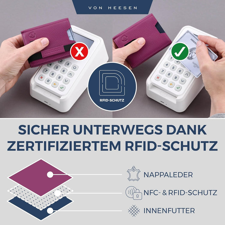 VON HEESEN Slim Wallet mit Münzfach &amp; RFID-Schutz - Leder Geldbeutel - Mini Geldbörse für Herren und