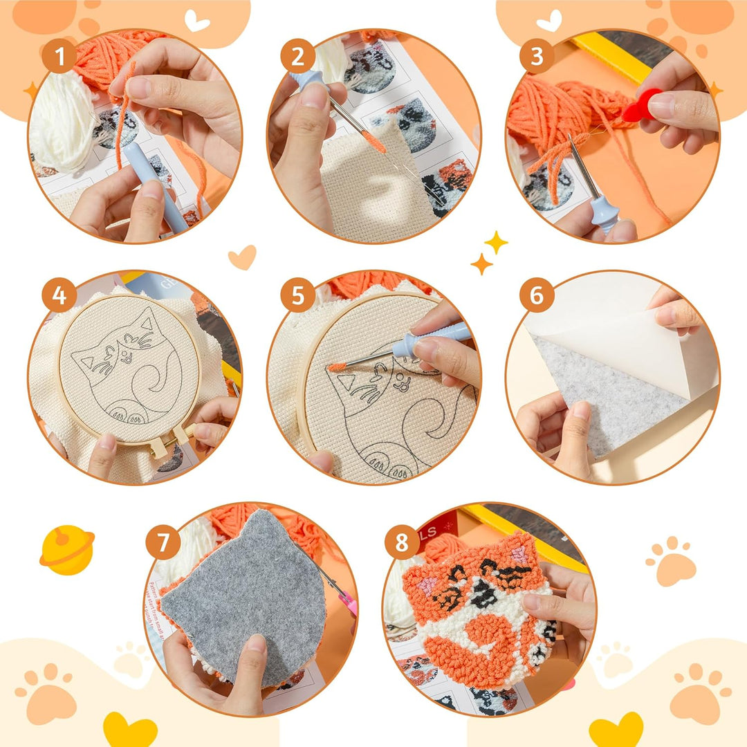 WATINC Punch Needle Untersetzer Kit Katze DIY Handwerk Stickerei Kit Easy Embroidery für Anfänger Co