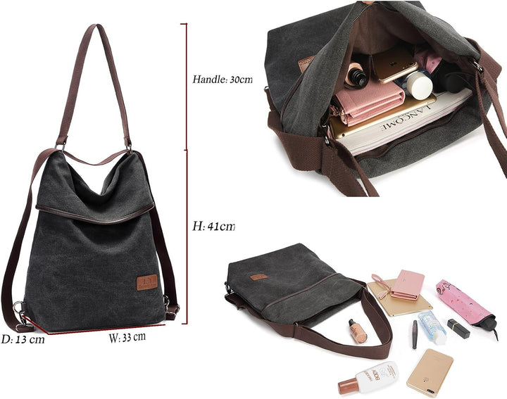 Travistar Damen Canvas Schultertasche Rucksack Gross Handtasche Vintage Damen umhängetasche Anti Die