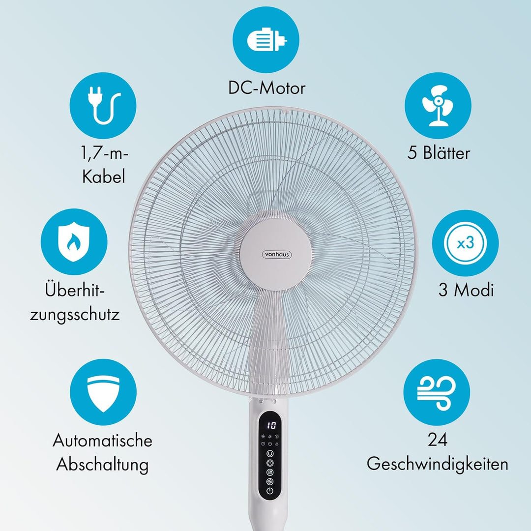 VonHaus 42 cm Standventilator – Ventilator Leise mit Ferbedienung, 24 Geschwindigkeiten, 3 Modi, 15-
