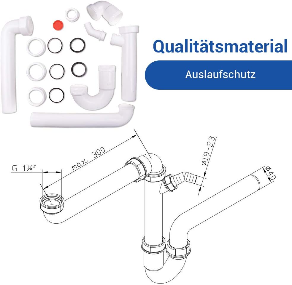 AQUADE Röhrengeruchsverschluss 1 1/2 Zoll Raumsparsiphon mit waagerechtem Abgang 40 mm und 1 Abwasse