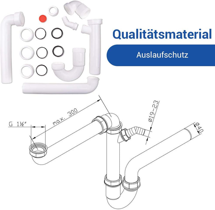 AQUADE Röhrengeruchsverschluss 1 1/2 Zoll Raumsparsiphon mit waagerechtem Abgang 40 mm und 1 Abwasse