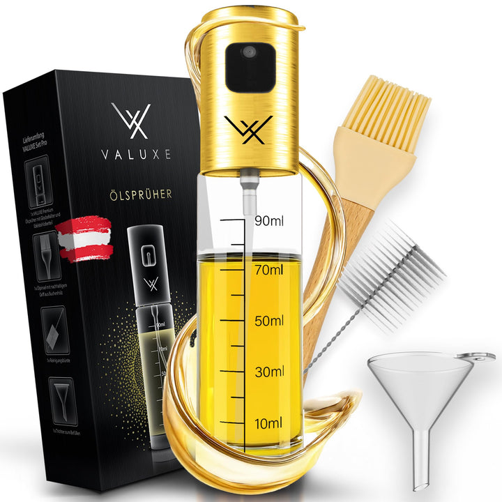 VALUXE® Premium Ölsprüher Gold – Das ORIGINAL - Extrem präzise Öl-Sprühflasche aus Edelstahl und Gla