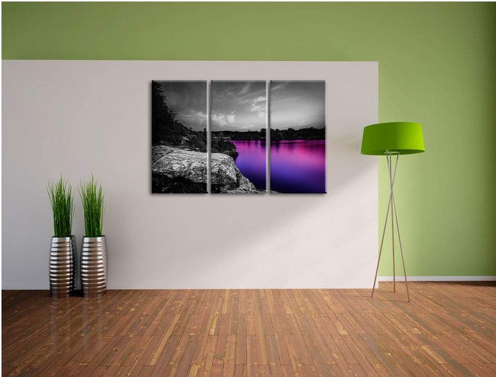 Seelandschaft in der Dämmerung schwarz/weiss 3-Teiler Leinwandbild 120x80 Bild auf Leinwand, XXL rie