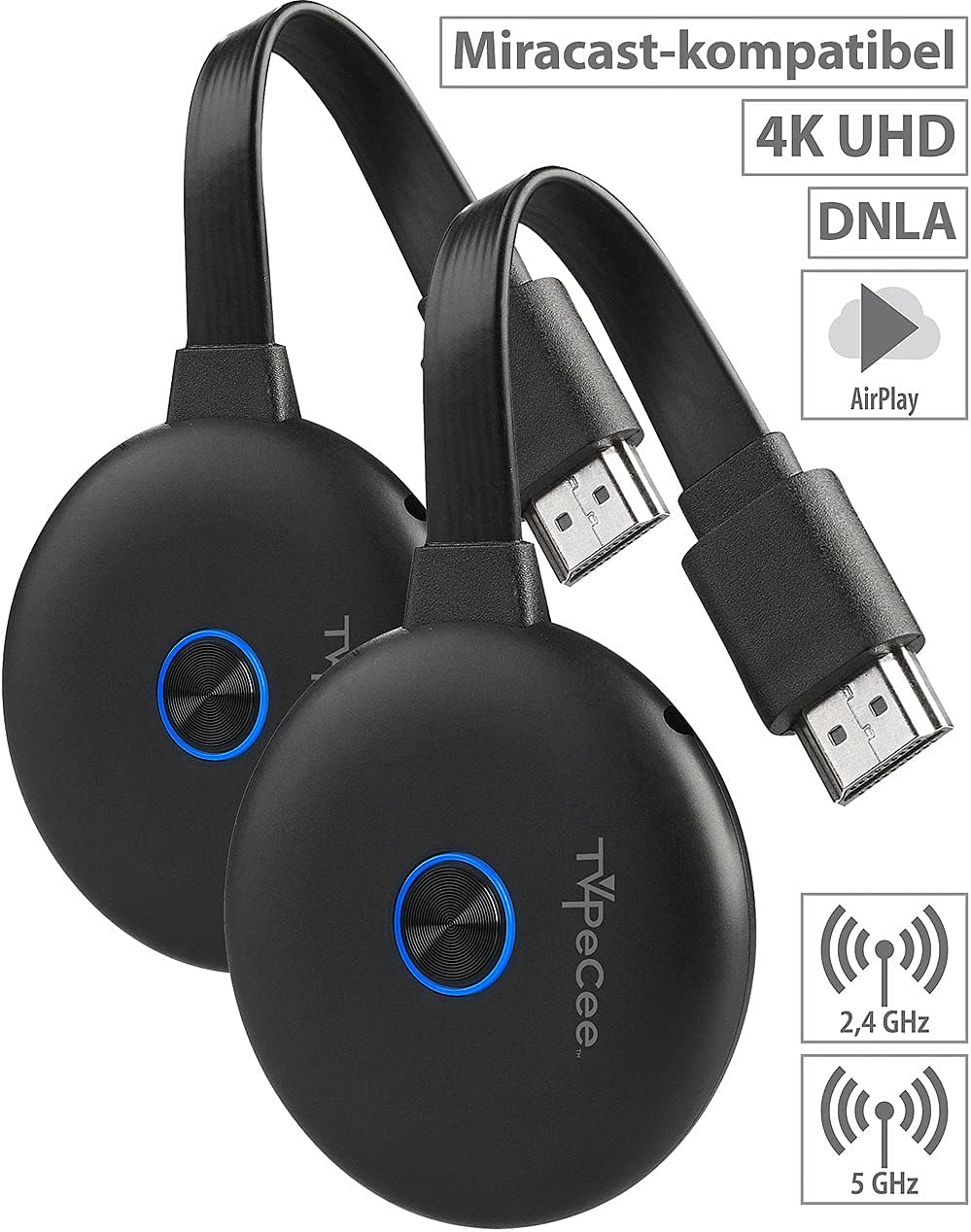 TVPeCee Wireless HDMI Streaming: 2er Pack WLAN-HDMI-Streaming-Empfänger für Miracast, AirPlay & DLNA
