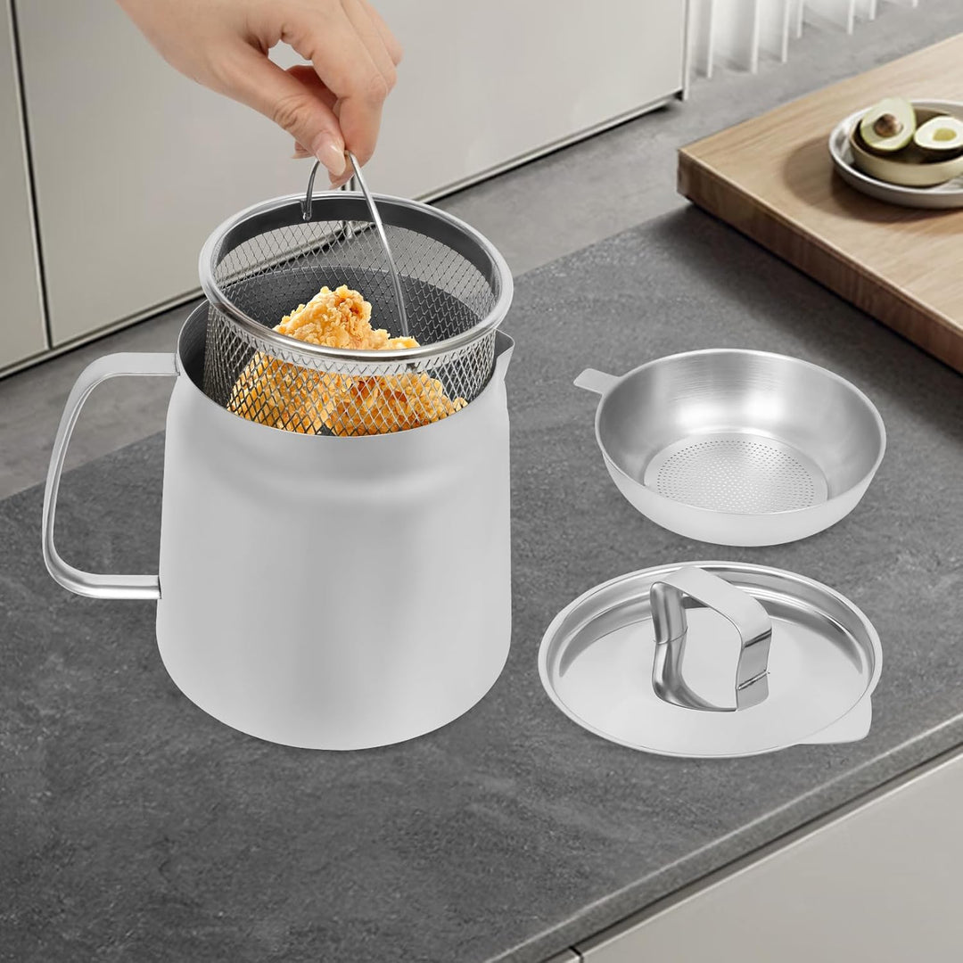 304 Stahl Frittierpfanne Frittiertopf Fritteuse 2L mit Frittierkorb und Ölfilter geeignet für Indukt